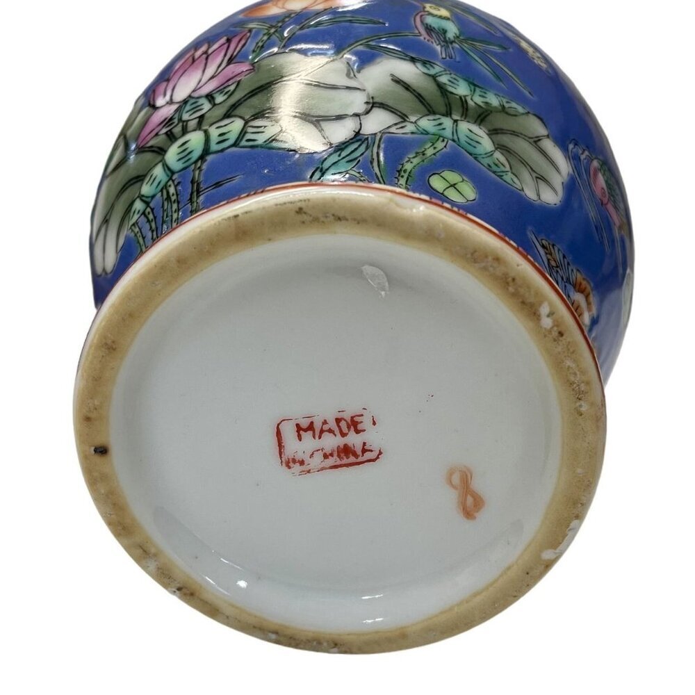 Chinese Hand-Painted Enameled Porcelain Vase with Lotus Flowers and Birds | Blue - Picture 5 of 7